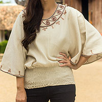 Cotton blouse, 'Cool Dawn' - Artisan Crafted Cotton Embroidered Cream Blouse