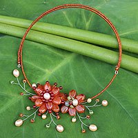 Carnelian and cultured pearl flower necklace,