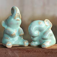 Celadon ceramic statuettes Happy Mint Green Elephants pair Thailand