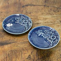 Celadon ceramic plates Enchanted Sapphire Orchids pair Thailand