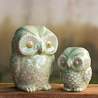 Celadon ceramic figurines Little Light Green Owls pair Thailand