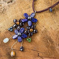Garnet and lapis lazuli flower necklace,