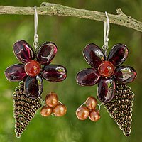 Cultured pearl and garnet flower earrings,