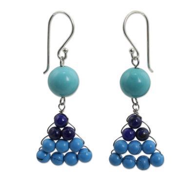 Lapis lazuli dangle earrings, 'Pretty Pyramid' - Hand Crafted Thai Lapis Lazuli and Calcite Dangle Earrings