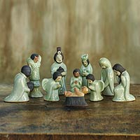 Celadon ceramic nativity scene Siam Holy Birth in Green set of 10 Thailand