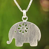 Sterling silver pendant necklace, 'Daisy Elephant' - Brushed Silver Thai Elephant Necklace
