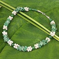 Cultured pearl beaded necklace, 'Divine Feminine' - Pearl and Green Quartz Handcrafted Necklace