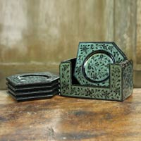 Lacquered wood coasters, 'Jade Fantasy' (set of 6) - Handcrafted Lacquered Wood Coasters and Holder (set of 6)