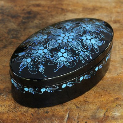 Lacquered wood box, 'Blue Bouquet' - Thai Blue and Black Lacquered Wood Box