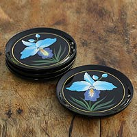 Lacquered wood coasters Blue Orchid set of 4 Thailand