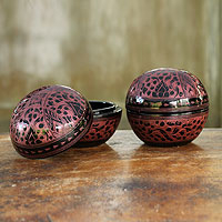Lacquered wood boxes, 'Pink Wildflowers' (pair) - Handcrafted Lacquered Wood Round Decorative Boxes (Pair)