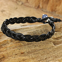 Kyanite and leather braided bracelet, 'Joyous Nature' - Braided Leather and Kyanite Bracelet with Hill Tribe Silver