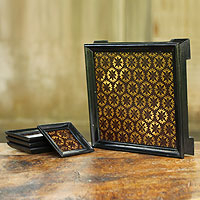 Wood tray and coasters Coffee Flower set for 4 Thailand