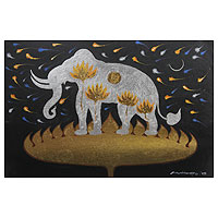 'Faith of Lanna III' - Silver Elephant on Golden Lotus Thai Signed Painting