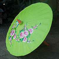 Cotton and bamboo parasol, 'Blossoming Lanna in Lime' - Hand-painted Cotton and Bamboo Parasol