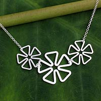 Sterling silver flower necklace, 'Blossoming Trio' - Fair Trade Sterling Silver Necklace