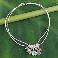 Rose quartz and cultured pearl charm bracelet,
