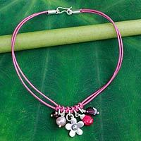 Garnet and cultured pearl charm bracelet,