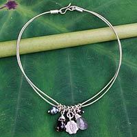 Smoky quartz and cultured pearl charm bracelet,