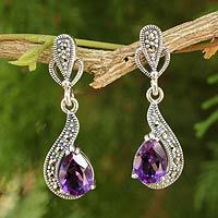 Amethyst and marcasite dangle earrings,