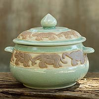 Celadon ceramic covered bowl Green Elephant Walk Thailand