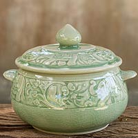 Celadon ceramic covered bowl, 'Green Elephant Forest' - Crackled Green Thai Celadon Covered Bowl with Elephants