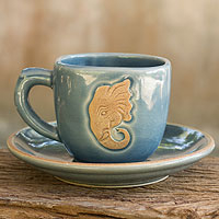 Celadon ceramic cup and saucer, 'Blue Thai Elephant' - Thai Blue Celadon Elephant Cup and Saucer Set