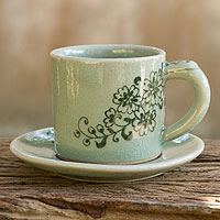 Celadon ceramic demitasse cup and saucer Jade Blossoms Thailand