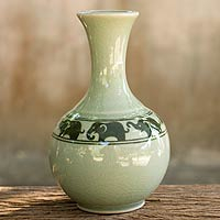 Celadon ceramic vase, 'Green Prancing Elephants' - Green Celadon Narrow Neck Elephant Vase from Thailand