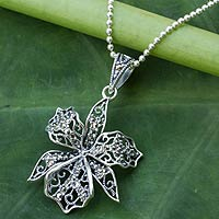 Marcasite flower necklace, 'Jungle Orchid' - Fair Trade Sterling Silver Necklace with Marcasite
