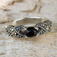 Onyx and marcasite cocktail ring, 'At Midnight' - Thai Marcasite and Onyx Cocktail Ring