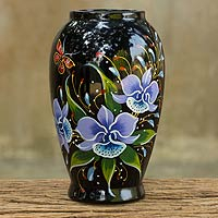 Lacquered wood decorative vase Purple Cattleya Thailand