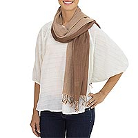 Cotton reversible scarf, 'Brown Beige Duet' - Hand-woven 2-in-1 Cotton Reversible Scarf