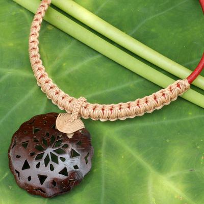 Leather and coconut shell flower necklace, Naturally Thai in Tan