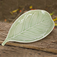 Celadon ceramic plate Jade Fig Leaf Thailand