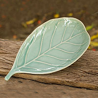 Celadon ceramic plate Blue Fig Leaf Thailand