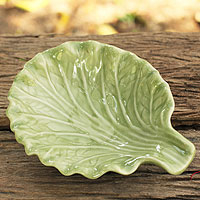 Celadon ceramic plate Lettuce Leaf Thailand