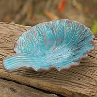 Celadon ceramic plate Turquoise Lettuce Leaf Thailand