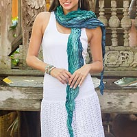Silk scarf, 'Summer Rain' - Teal Ombre Crinkled All-Silk Scarf from Thailand