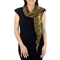 Silk scarf, 'Summer Jungle' - Women's Pleated 100% Silk Scarf in Brown Olive and Ochre
