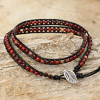 Jasper beaded wrap bracelet, 'Special Red' - Red Jasper Beaded Leather Wrap Bracelet from Thailand
