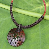 Coconut shell pendant necklace, 'Charming Thailand in Espresso' - Leather and Macrame Necklace with Coconut Shell Pendant