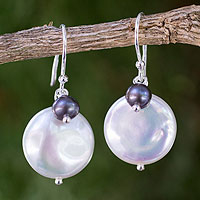 Cultured pearl dangle earrings, 'Pearly Moons' - Thai White and Gray Cultured Pearl Dangle Earrings