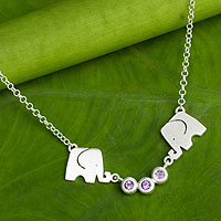 Amethyst pendant necklace, 'Grateful Elephant' - Elephant Pendant Necklace from Thailand with Amethysts