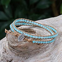 Quartz and leather wrap bracelet, 'Hill Tribe Ice in Brown' - Blue Quartz and Brown Leather Hand Made Wrap Bracelet