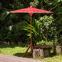 Decorative garden umbrella, 'Happy Garden in Scarlet' - Bright Red Decorative Outdoor Umbrella from Thailand