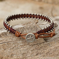 Hill tribe silver beaded bracelet, 'Peaceful Tribe' - Thai Hill Tribe Silver Beaded Bracelet on Leather Cords