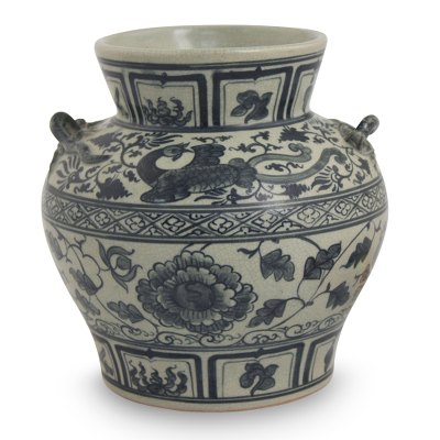 Ceramic vase, 'Blue Orient' - Handmade Blue Floral Chinoiserie Ceramic Vase from Thailand