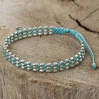 Silver beaded cord bracelet, 'Friendly Blue' - Light Blue Macrame Adjustable Bracelet with 950 Silver Beads
