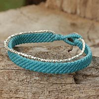 Silver beaded wristband bracelet, 'Blithe Blue' - Artisan Crafted Cord Bracelet with Hill Tribe Silver Beads